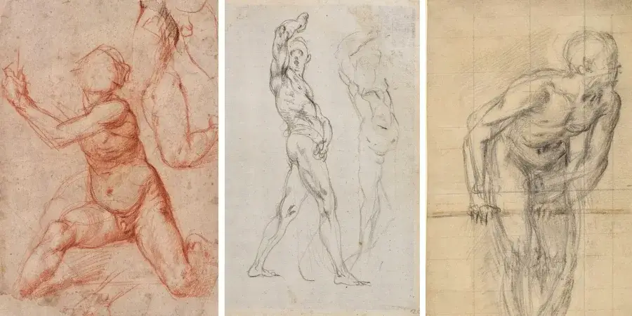 3 dessins du même artiste montrant l'intérêt de la méthode des 3 nœuds pour dessiner le corps en mouvement